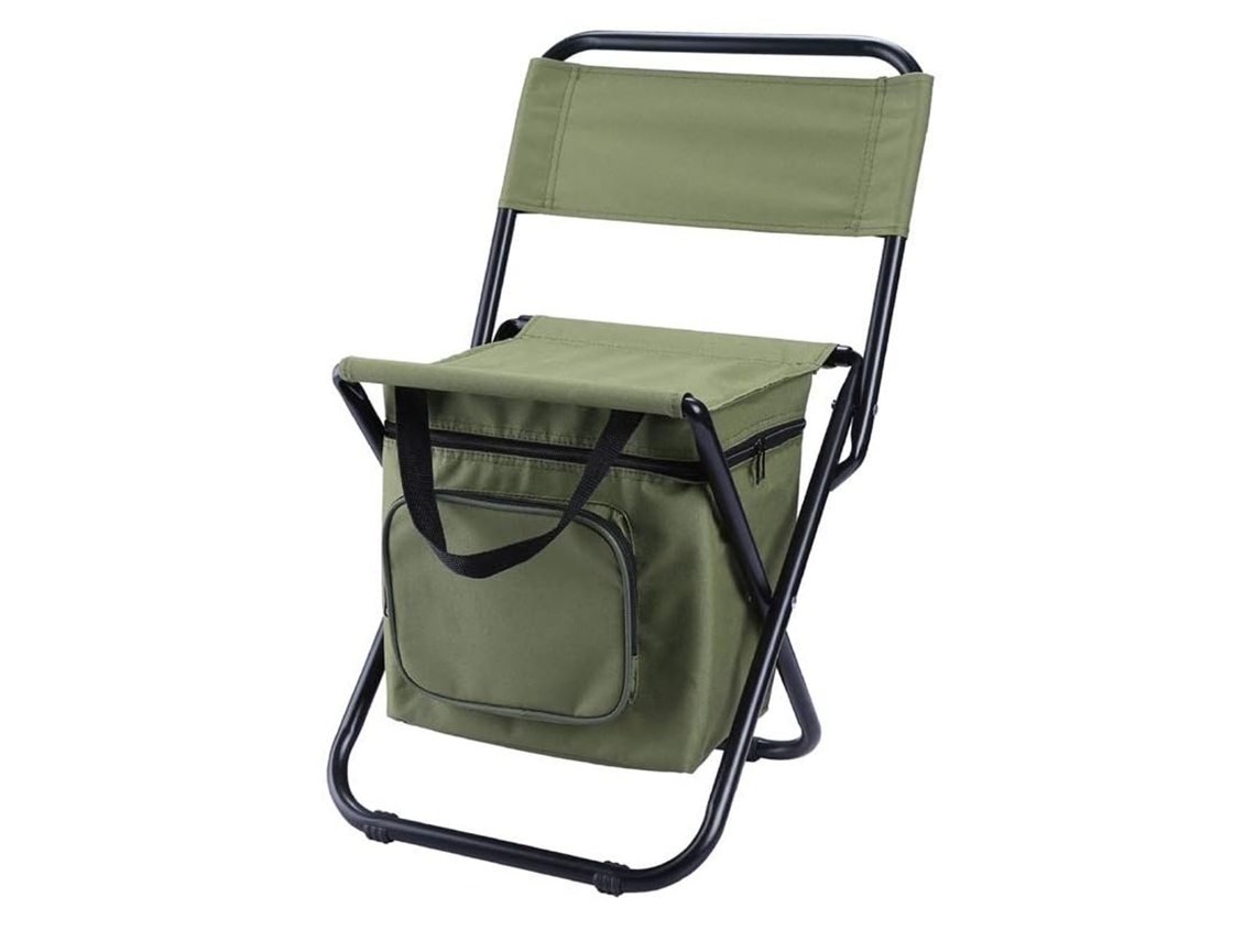 Cadeira dobrável portátil feita de tecido Oxford 600D para camping e pesca, com alça e bolsa de transporte.