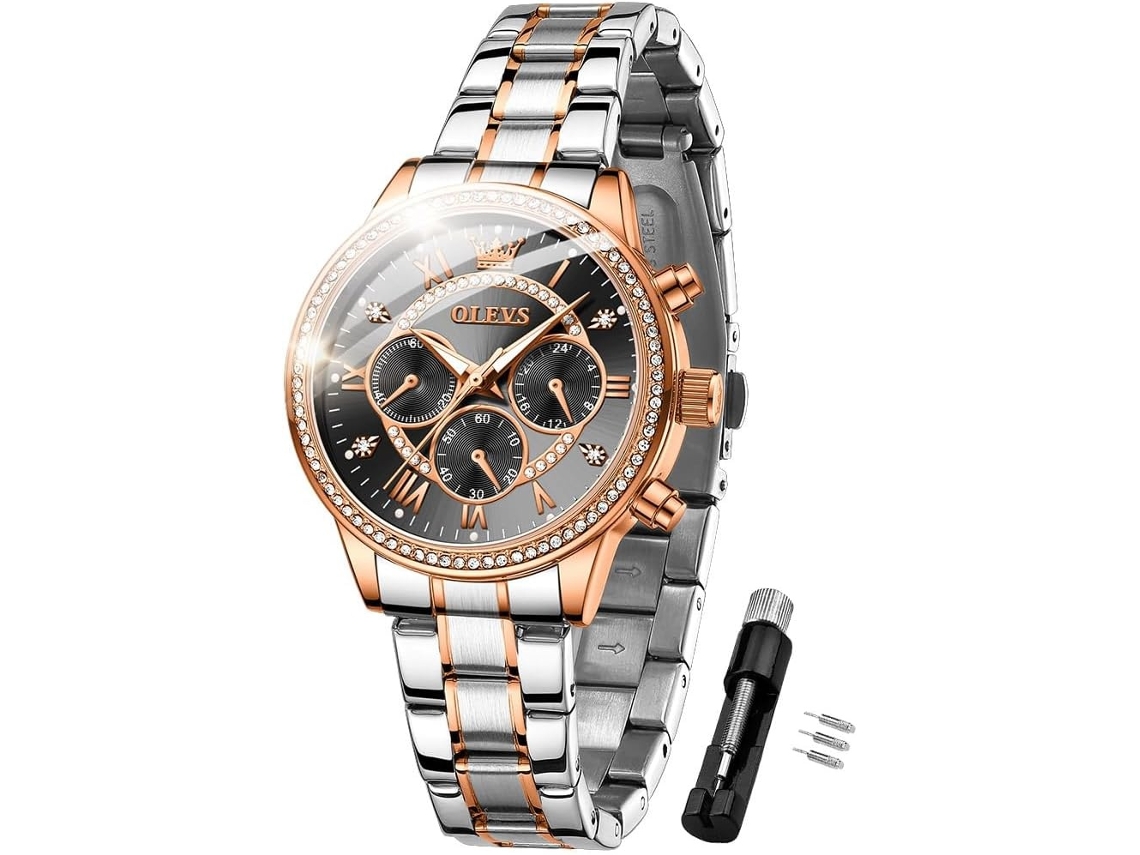Lurelia Relógio Cronógrafo Feminino, Luminoso, Detalhes Com Strass, Aço Inoxidável, Resistente À Água, Rosa Ouro, Preto