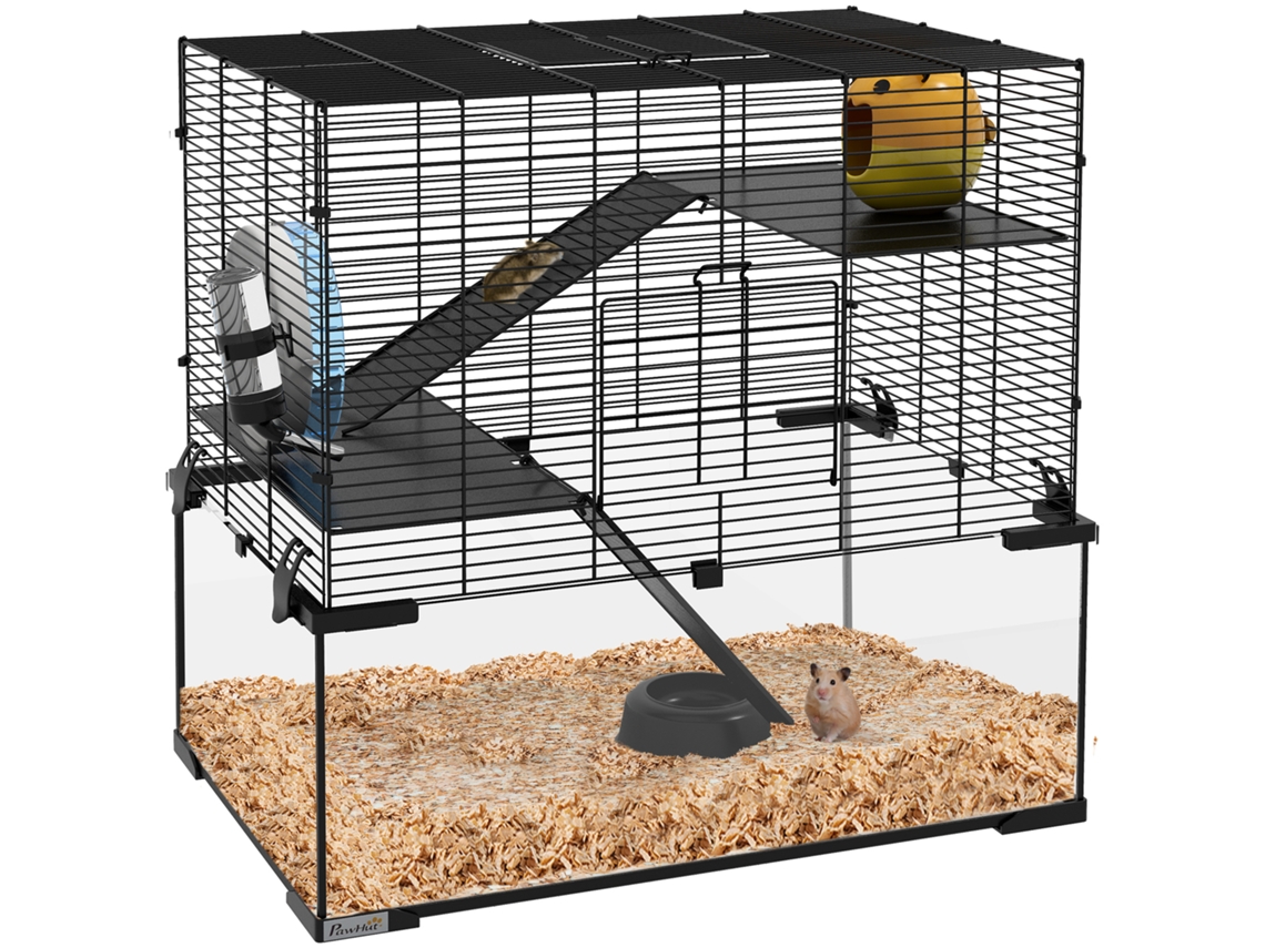 Gaiola Hamster Fundo Vidro Plataformas Casa Roda Exercício 60x40x54,5cm Preto