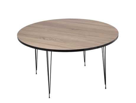 Mesa de Centro Redonda em Madeira com Acabamento em Carvalho e Pernas de Metal Preto, Número de Referência 72260