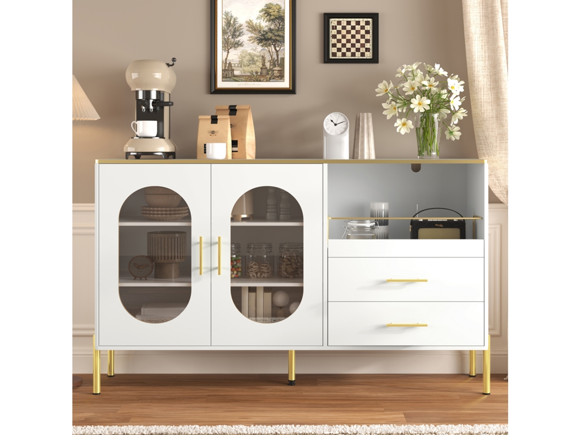 Aparador elegante com 2 gavetas e 2 portas de vidro PAPRIKA Amplo espaço de armazenamento para sala de estar e cozinha