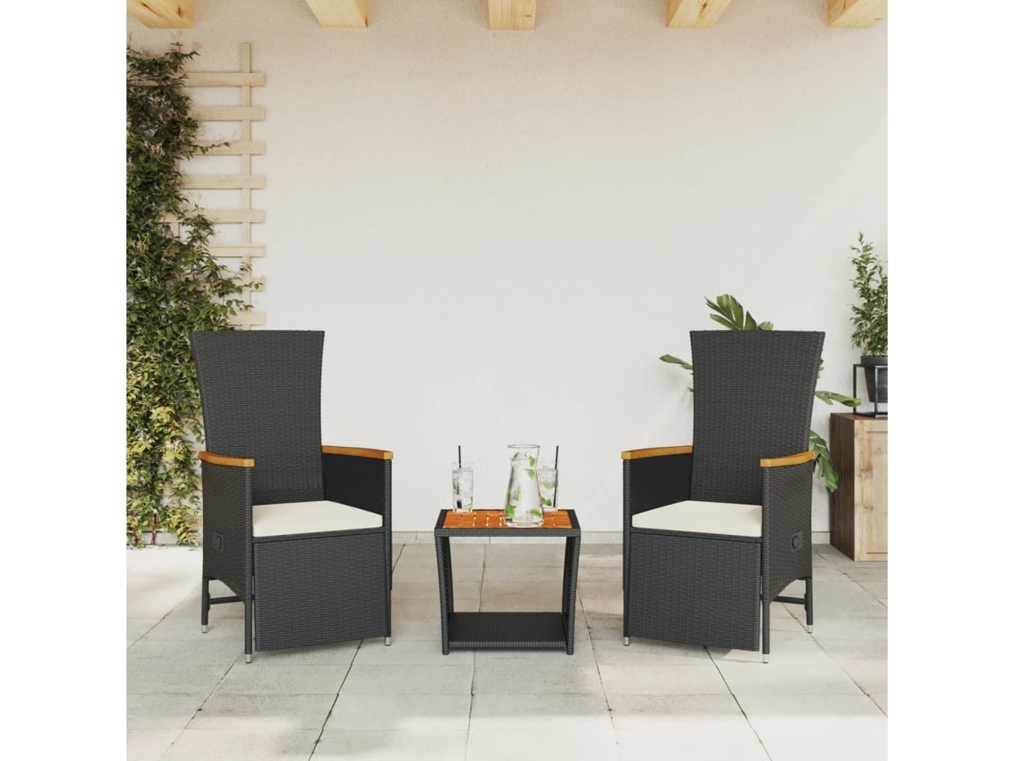 Conjunto 3 Peças Jantar P/ Jardim C/ Almofadões Vime Pe Preto Dkd Home Decor