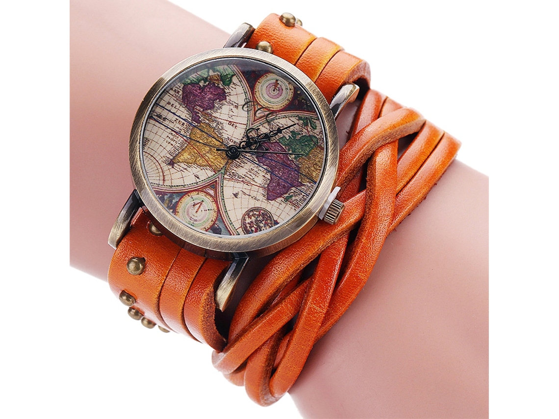 Relógio de Pulso Unissex de Quartzo com Pulseira de Couro Pu Estilo Vintage Laranja