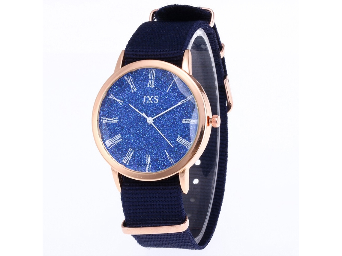 Relógio de pulso moderno para estudantes, em nylon com strass, modelo J55, azul.