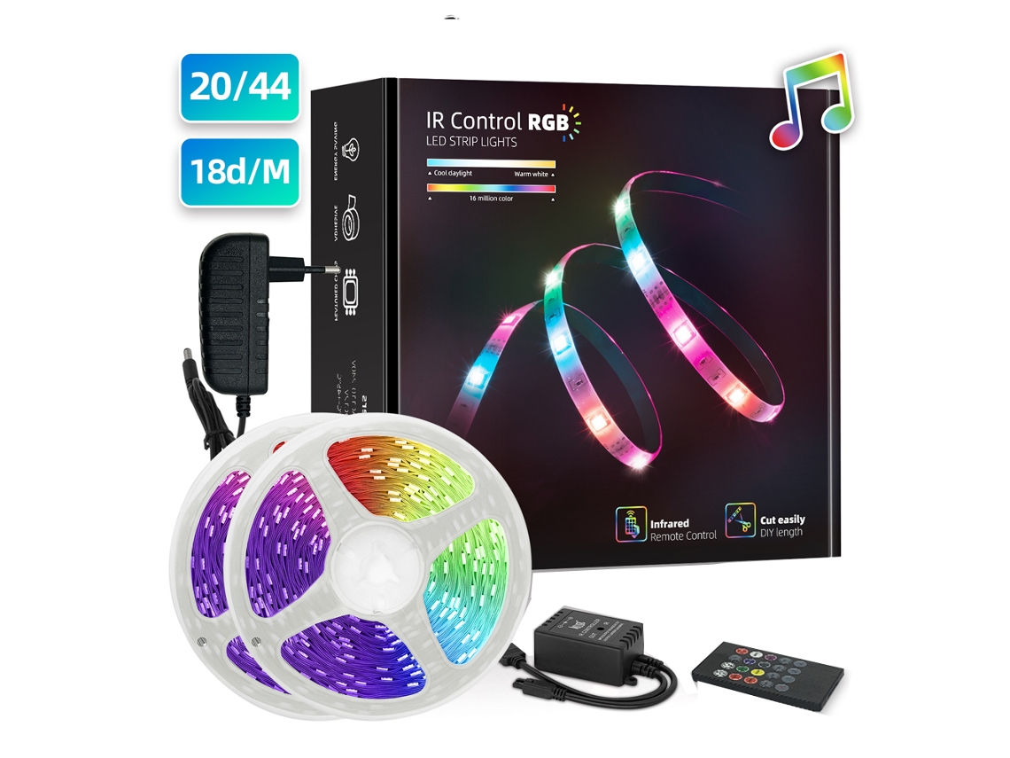 Lurelia Fita Led Rgb 10 M, Smd 5050, 20 Botões, Bluetooth, App, Comando Remoto, Sincronização Musical, Resistente À Água