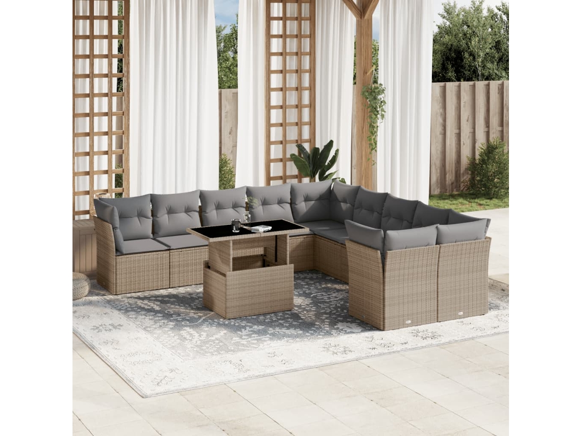 Vidaxl 11 Pcs Conjunto Sofás De Jardim C/ Almofadões Vime Pe Bege