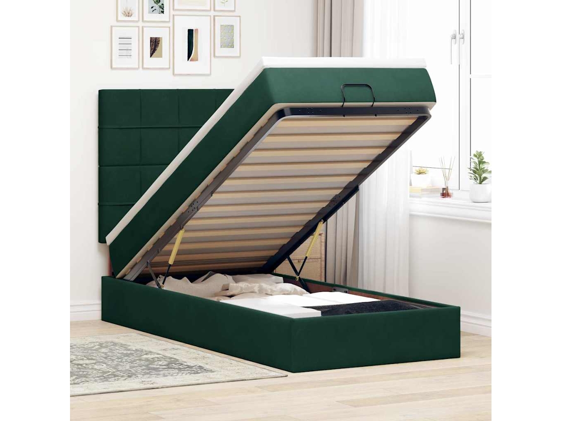 Vidaxl Estrutura Cama Otomana Colchões 90x190cm Veludo Verde Escuro
