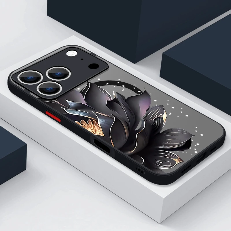 Capa Magnética Para Iphone 16e Com Estampa De Rosa E Lótus (preta), Resistente A Impactos.