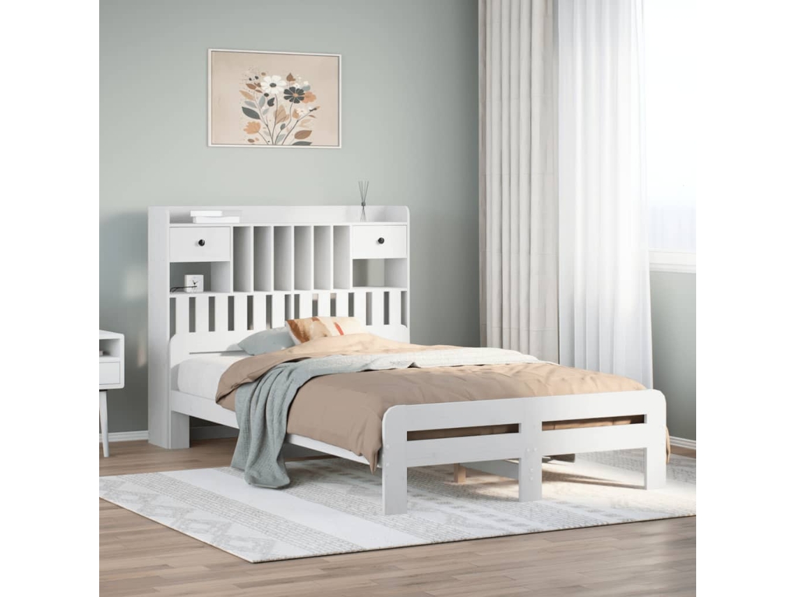 Vidaxl Cama Com Estante Sem Colchão 135x190 Cm Pinho Maciço Branco