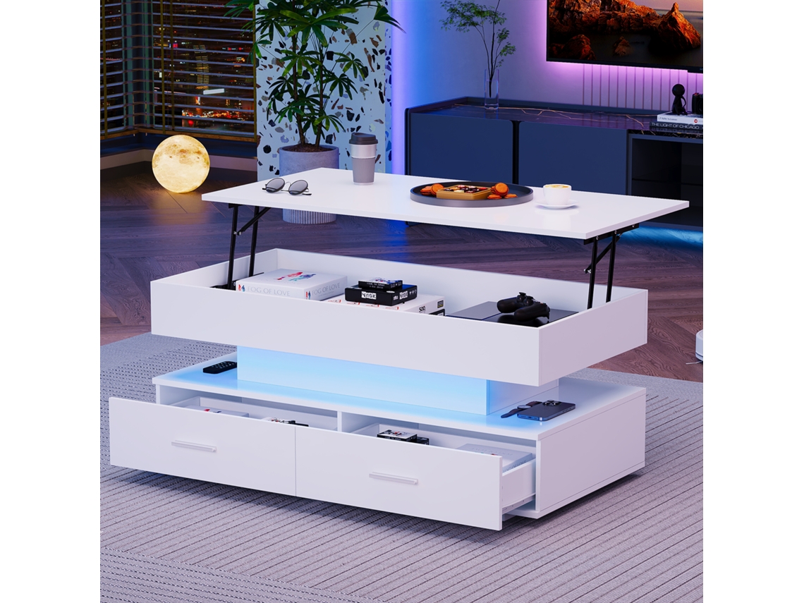 Mesa Centro Ajustável Hidráulica Led Bluetooth 100x50x44cm 2 Gavetas Branca