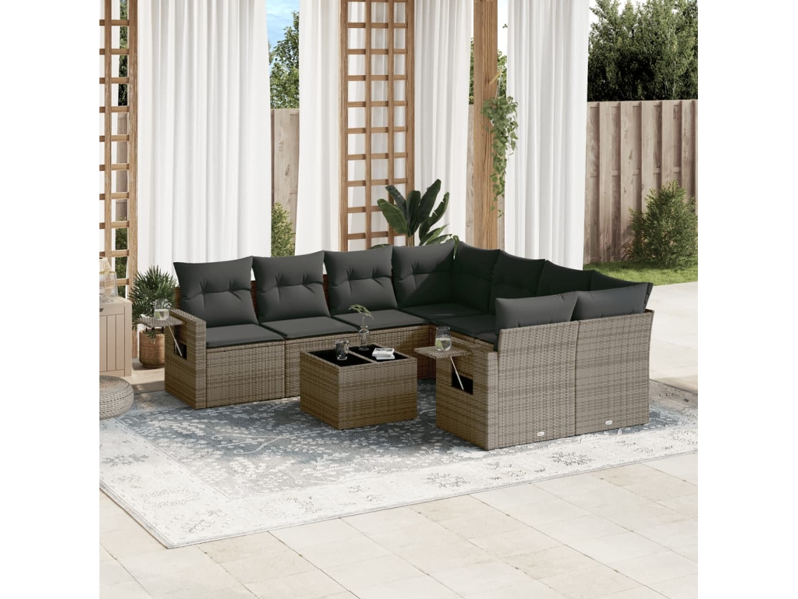 Vidaxl 9 Pcs Conjunto Sofás P/ Jardim Com Almofadões Vime Pe Cinzento