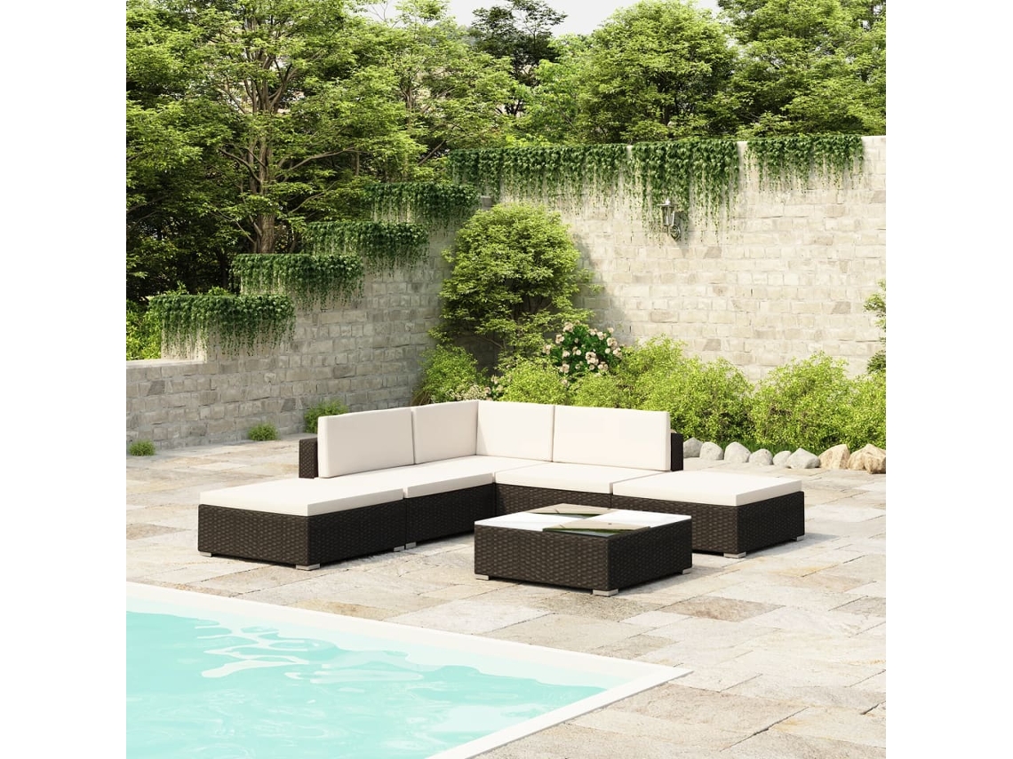 Conjunto Lounge Jardim 6 Peças C/ Almofadões Vime Pe Preto Dkd Home Decor