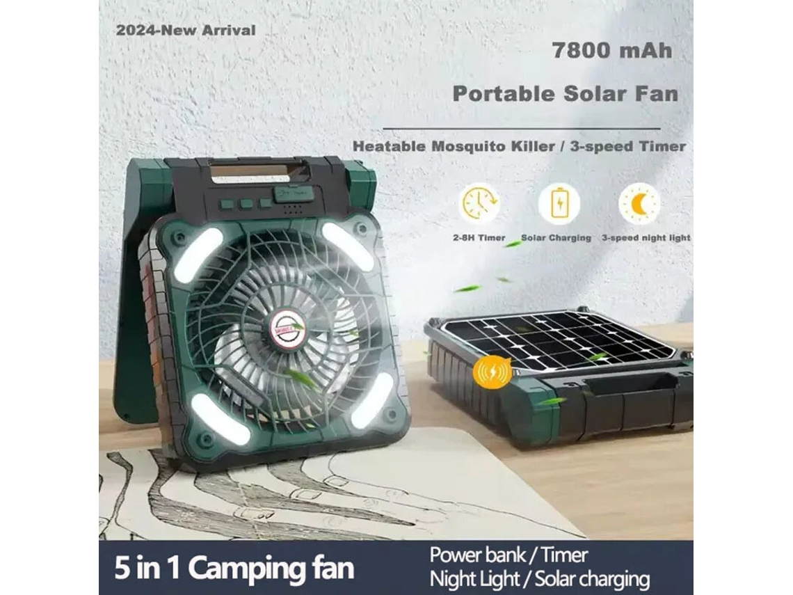 Ventilador Solar Multifuncionais Para Tenda De Campismo 5 Em 1, Bateria De 7800 Mah, Banco De Potência, Luz Led, Painel Solar, Sistema De Dorschetch Eficien