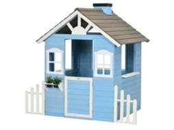 Casa de Madeira para Crianças com Porta Janelas Vasos e Cercas Laterais 151x112.5x142 Cm Azul Ge