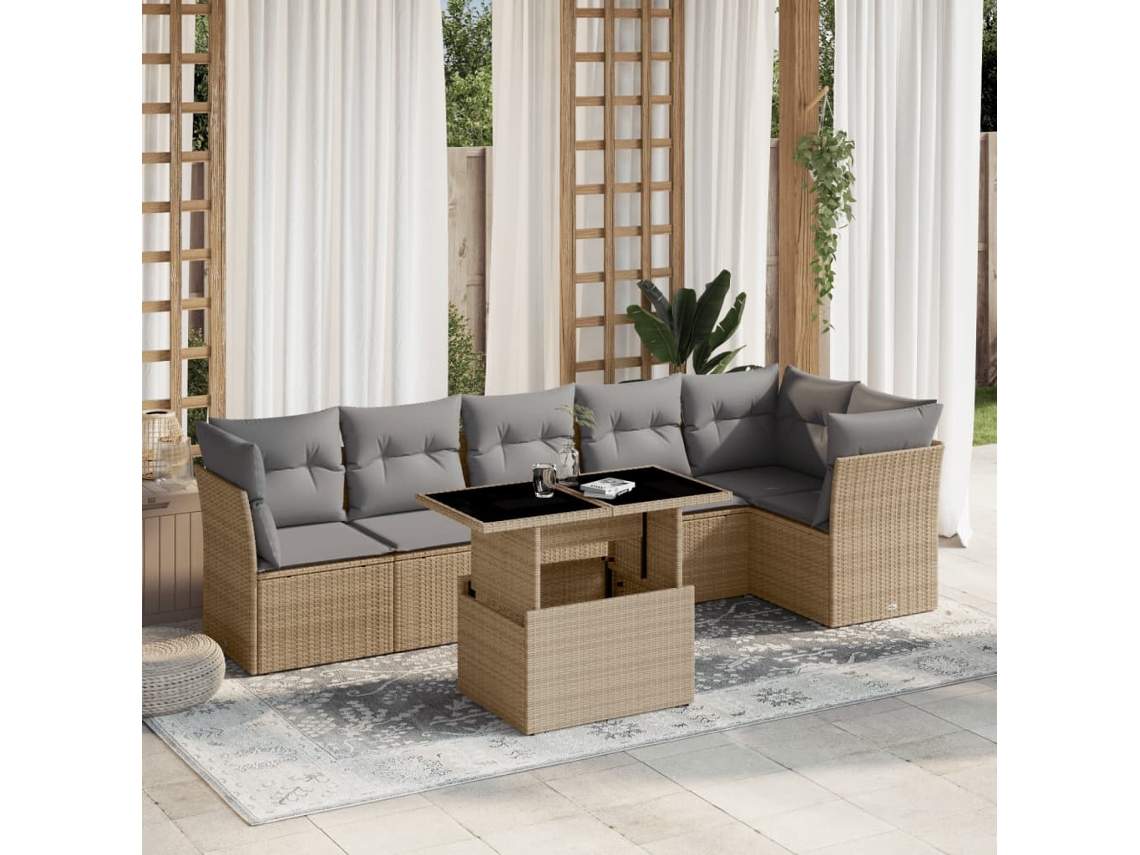 Vidaxl 7 Pcs Conjunto De Sofás P/ Jardim Com Almofadões Vime Pe Bege