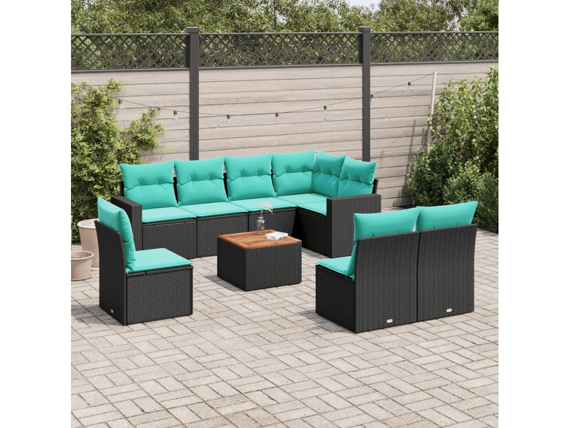 Vidaxl 9 Pcs Conjunto De Sofás P/ Jardim C/ Almofadões Vime Pe Preto