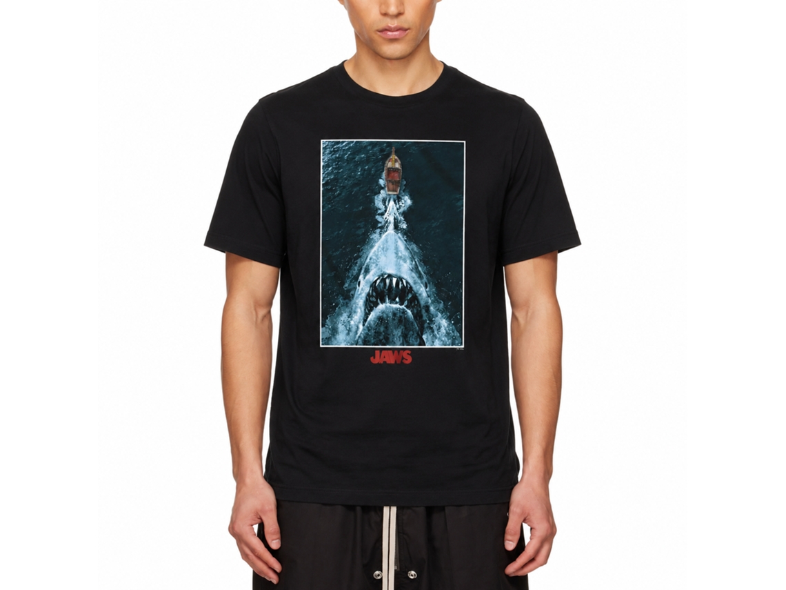 Rockinstone Jaws Movie Shark Chasing Boat Poster Black Adult T-shirt Size:xxl