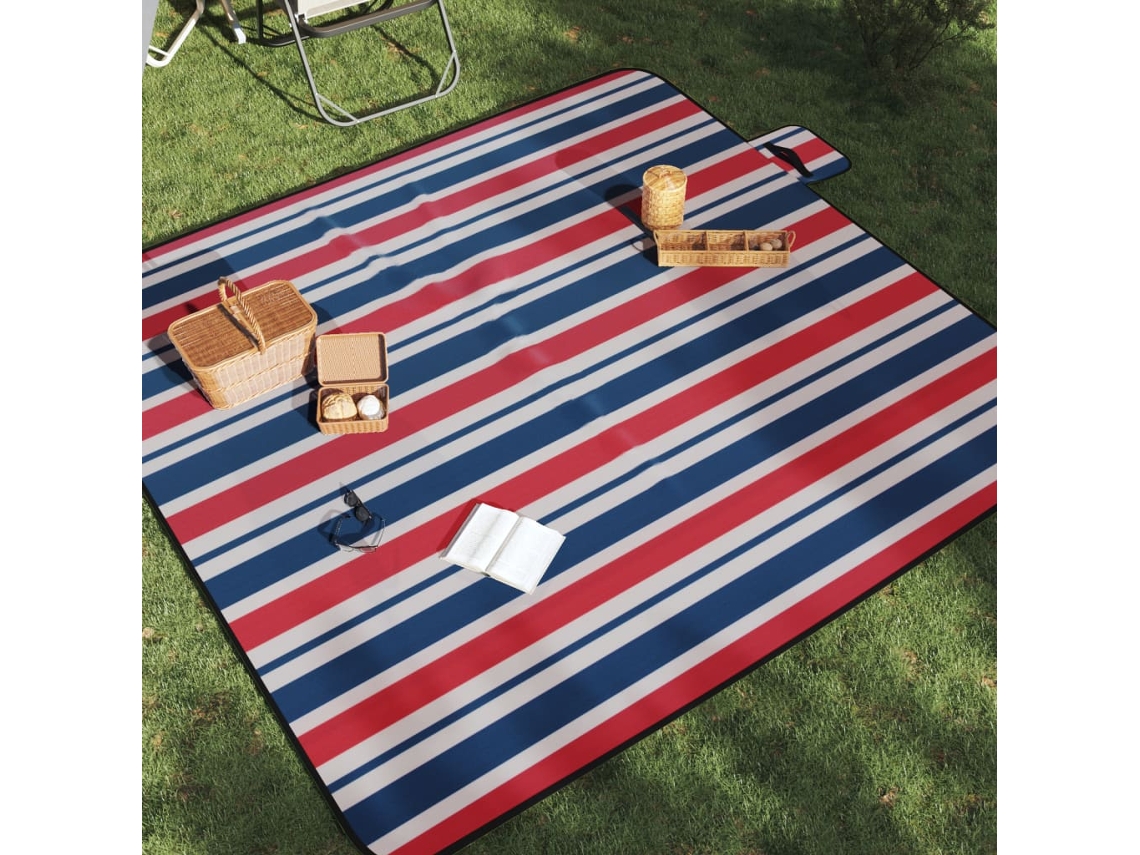 Vidaxl Manta Piquenique Dobrável 200x200cm Veludo Riscas Vermelho/azul