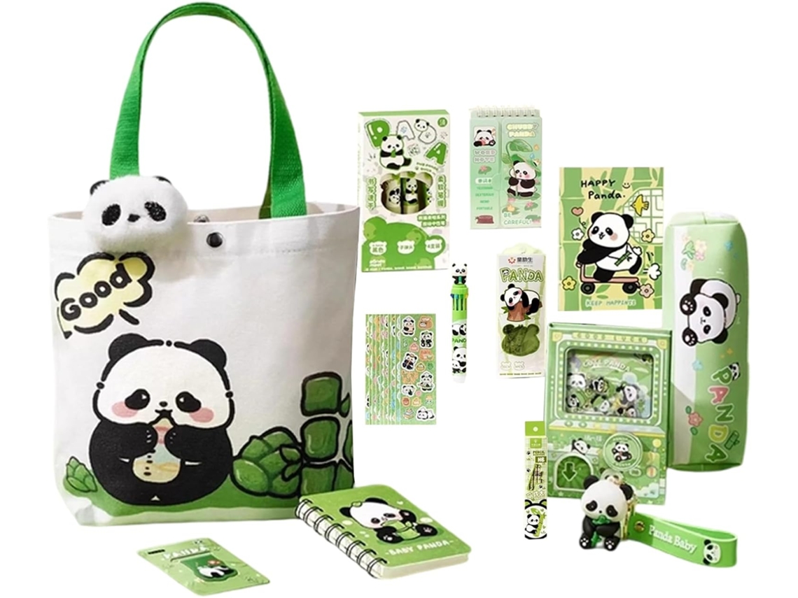 Conjunto Papelaria Fofo Estojo Lápis Panda Com Broche E Chaveiro, Borracha, Cadernos, Canetas, Réguas, Blocos