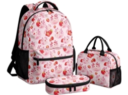 Mochila Escolar Feminina Beauty Collector De 3 Peças Com Lancheira Estojo, Estampa Morango Axolote, Modelo