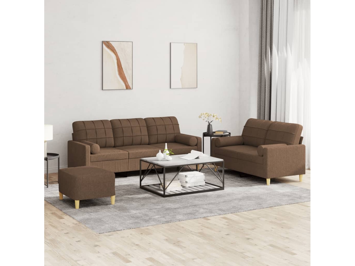 Vidaxl 3 Pcs Conjunto De Sofás Com Almofadas Tecido Castanho