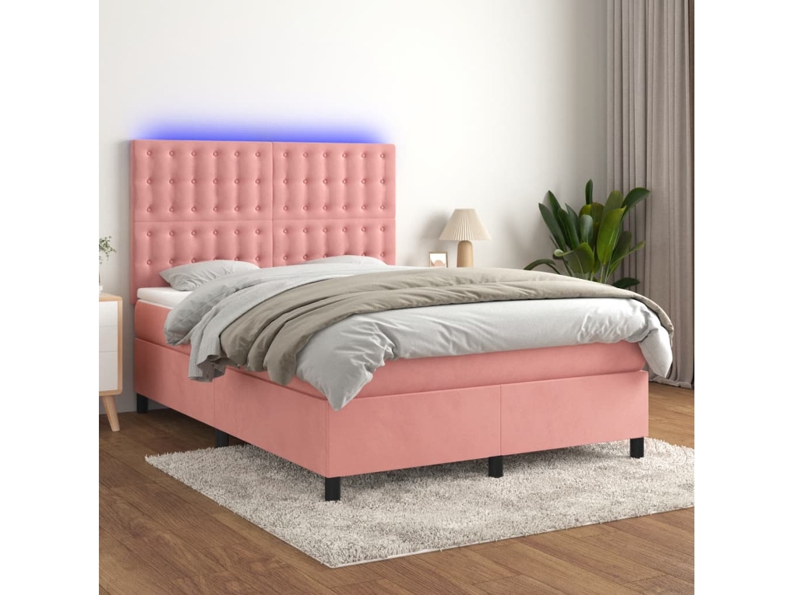 Vidaxl Cama Box Spring C/ Colchão/led 140x200 Cm Veludo Rosa