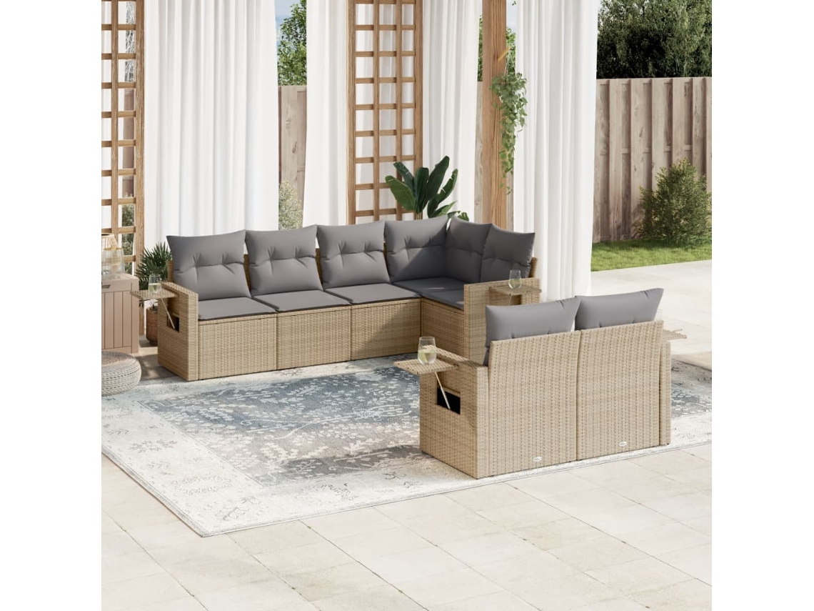 Vidaxl 7 Pcs Conjunto De Sofás P/ Jardim Com Almofadões Vime Pe Bege