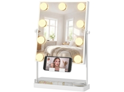 Espelho De Maquilhagem Com Luz 9 Lâmpadas Led 3 Cores Interruptor Tátil Suporte Para Telemóvel Branco
