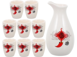 Conjunto De Saquê De Cerâmica Branca Com 9 Peças, Incluindo Dispensador De Bebidas Alcoólicas E Copos.