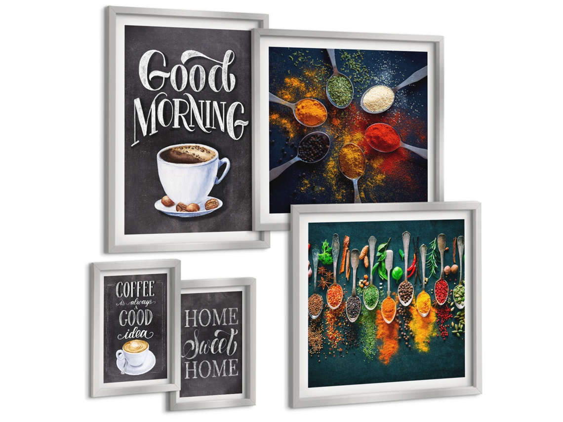 Quadros Decorativos Para Parede Limões Com Ervas E Folhas Moldura Prateada Pinturas De Quarto Espelharte (conjunto De 5 Imagens)