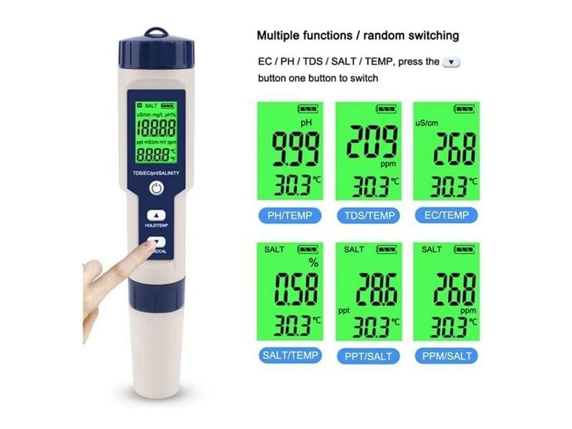 Analisador de Qualidade da Água 5 em 1 para Tds, pH, Salinidade e Temperatura | AQUAFORGE