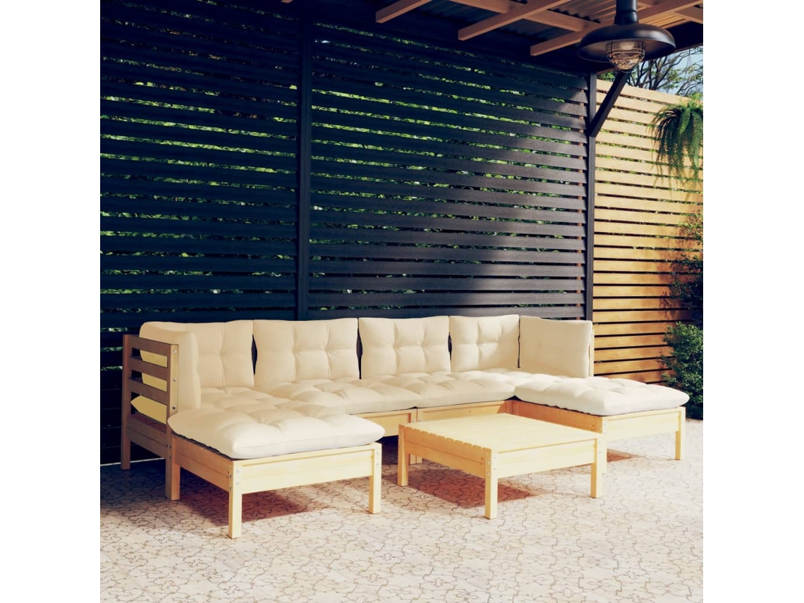 Pcs Conjunto Lounge De Jardim C/ Almofadões Cor Creme Pinho Dkd Home Decor
