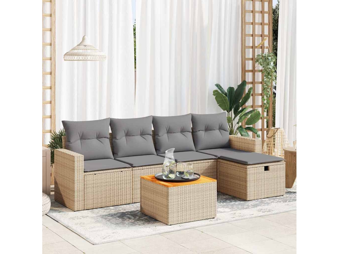Vidaxl 6 Pcs Conjunto De Sofás P/ Jardim Com Almofadões Vime Pe Bege