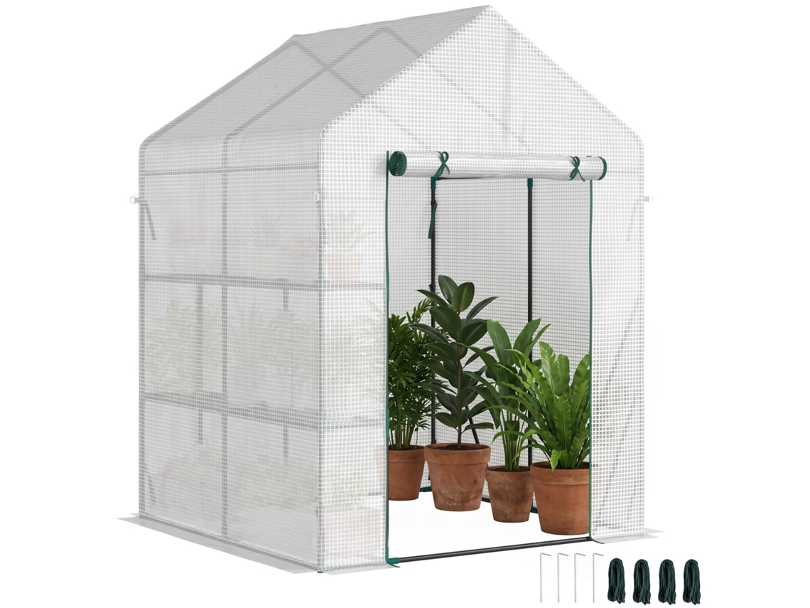Serra de Jardim externa em aço e PE, com 2 prateleiras e porta enrolável, 143x143x195cm, branco