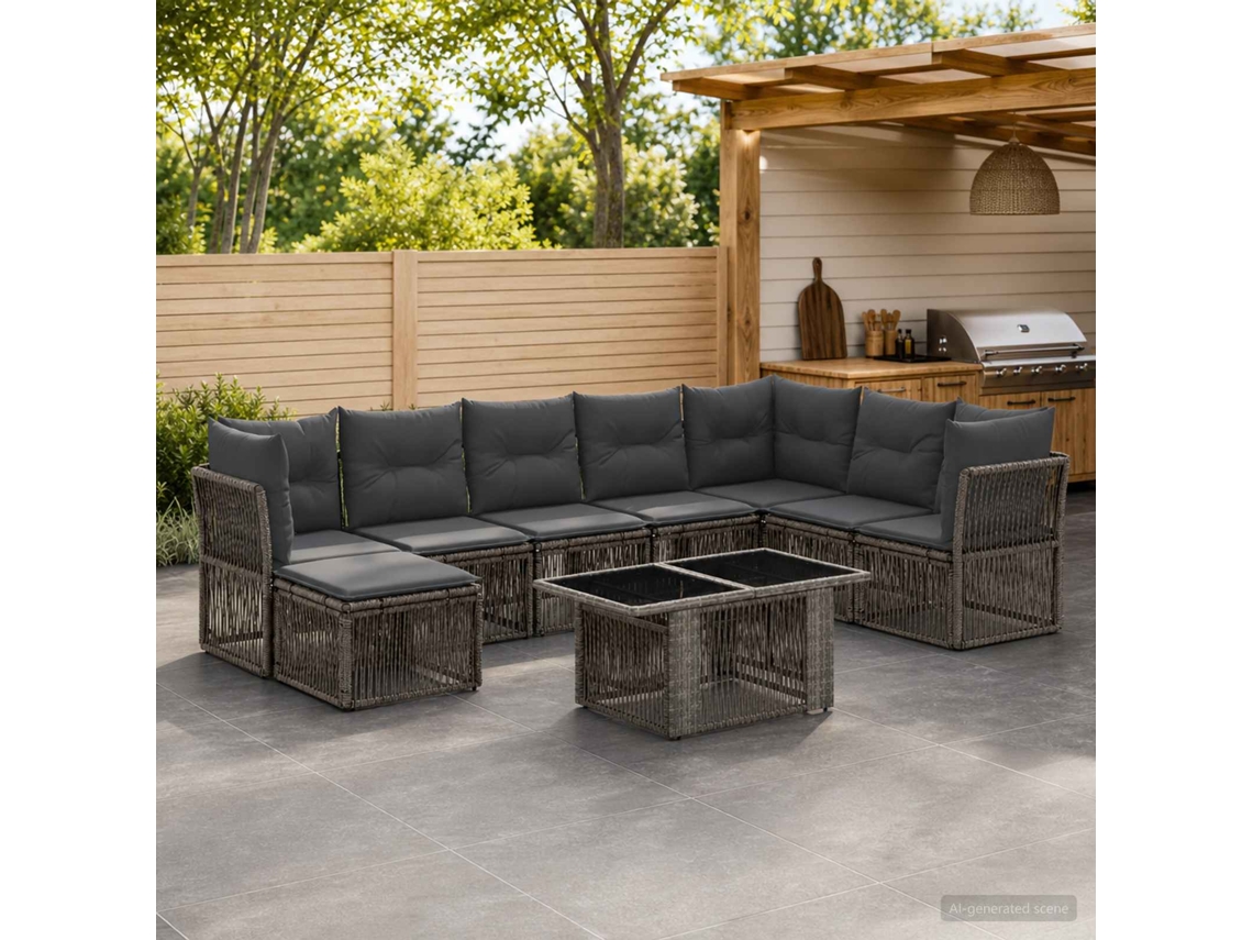 Vidaxl Conjunto De Sofá De Jardim 9 Unid. Cinzento Vime Pe