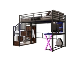 Cama Alta, 140*200cm, com Luzes Led, Escada de Arrumação, Secretária, Roupeiro, Prateleiras, Sem Colchão, Preta. DELCOND