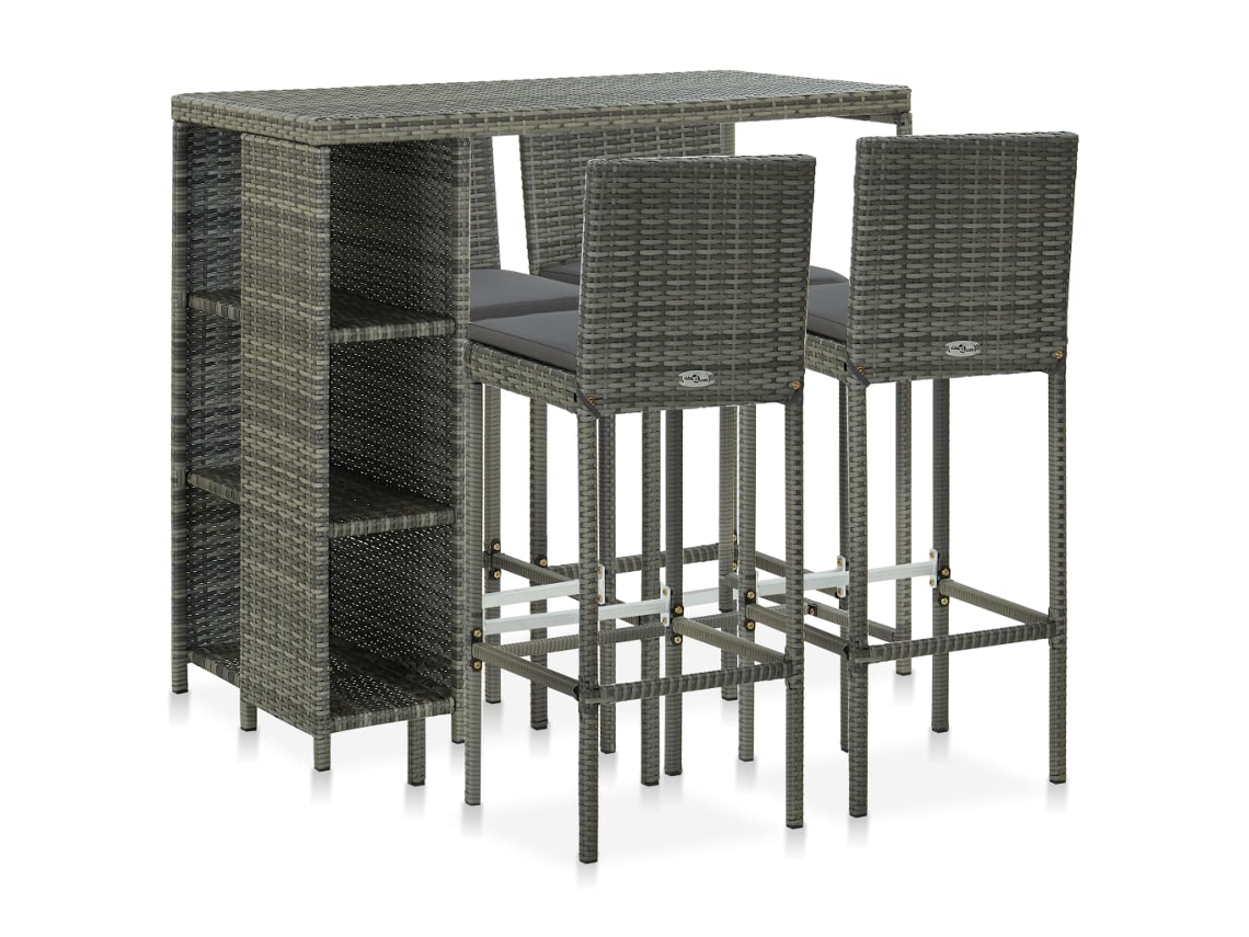 Vidaxl 5 Pcs Conjunto De Bar P/ Jardim C/ Almofadões Vime Pe Cinzento