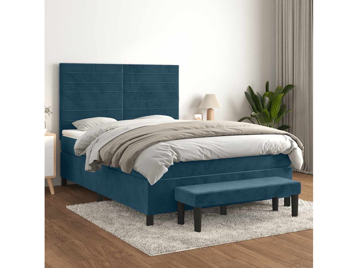 Vidaxl Cama Com Molas/colchão 140x190 Cm Veludo Azul-escuro