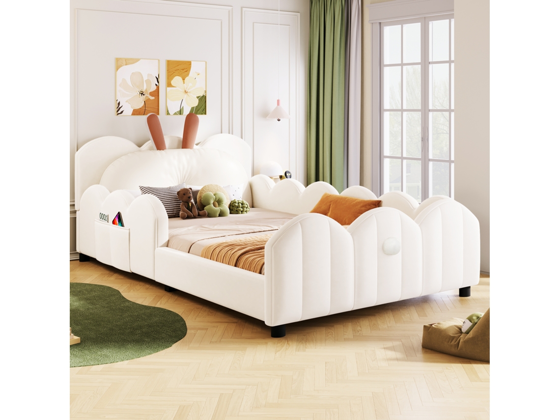Cama De Plataforma Estofada 90x200 Com Almofadas Em Formato De Coelho, Bege