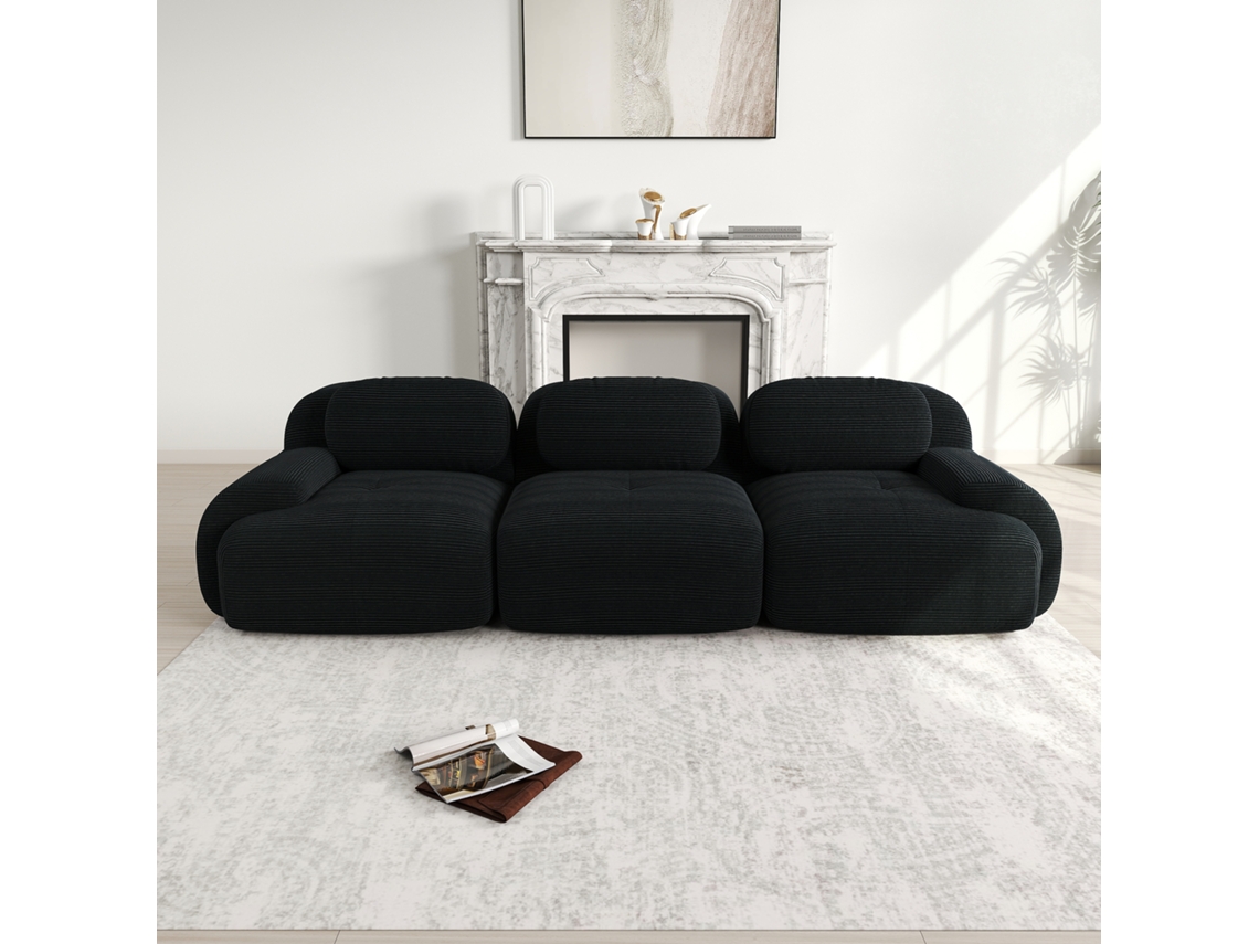 Sofá 3 Lugares Em Tecido Premium, Modular, Sem Estrutura, Antiderrapante, Montagem Zero, Braços Ergonômicos E Espuma De Alta Resiliência, Preto.