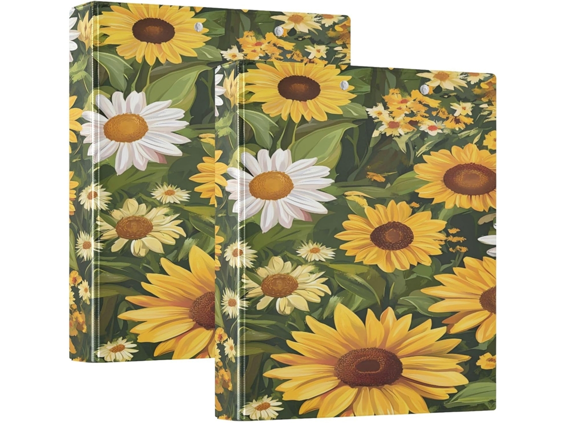 Massa Fichário com Estampa de Girassol Amarelo 1, 5 Polegadas, 3 Anéis com Sacos, Pacote com 1 2 Massas