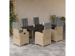 Conjunto 7 Peças Jantar Jardim C/ Almofadões Vime Pe Bege Misturado Dkd Home Decor