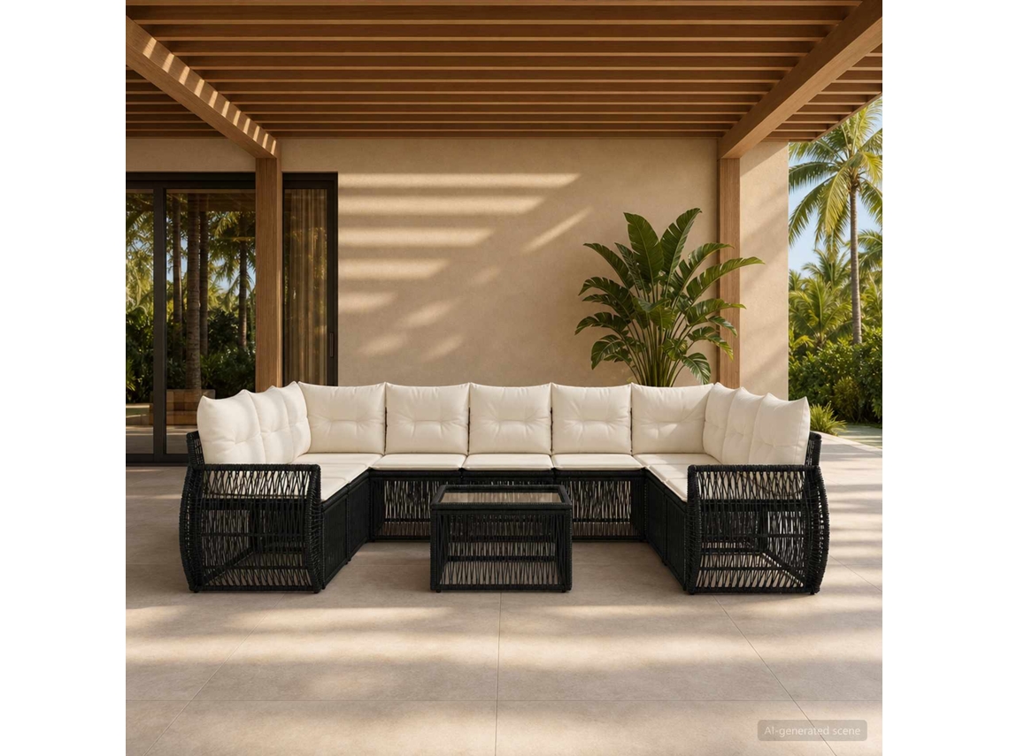 Vidaxl Conjunto De Sofá De Jardim 10 Pcs Preto E Branco Creme Vime Pe