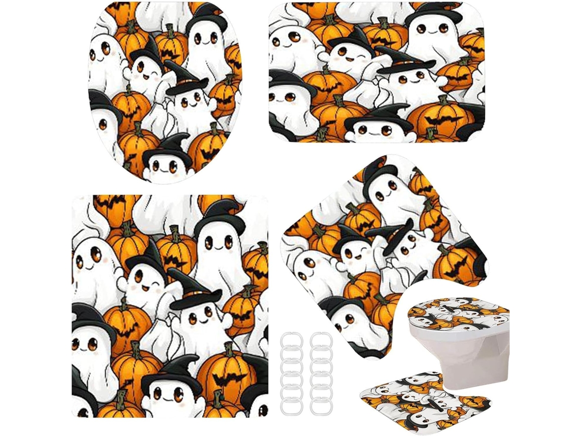 Conjunto De Cortinas De Chuveiro Pretas E Assustadoras Para O Halloween, Com Tapetes Antiderrapantes Gokoco