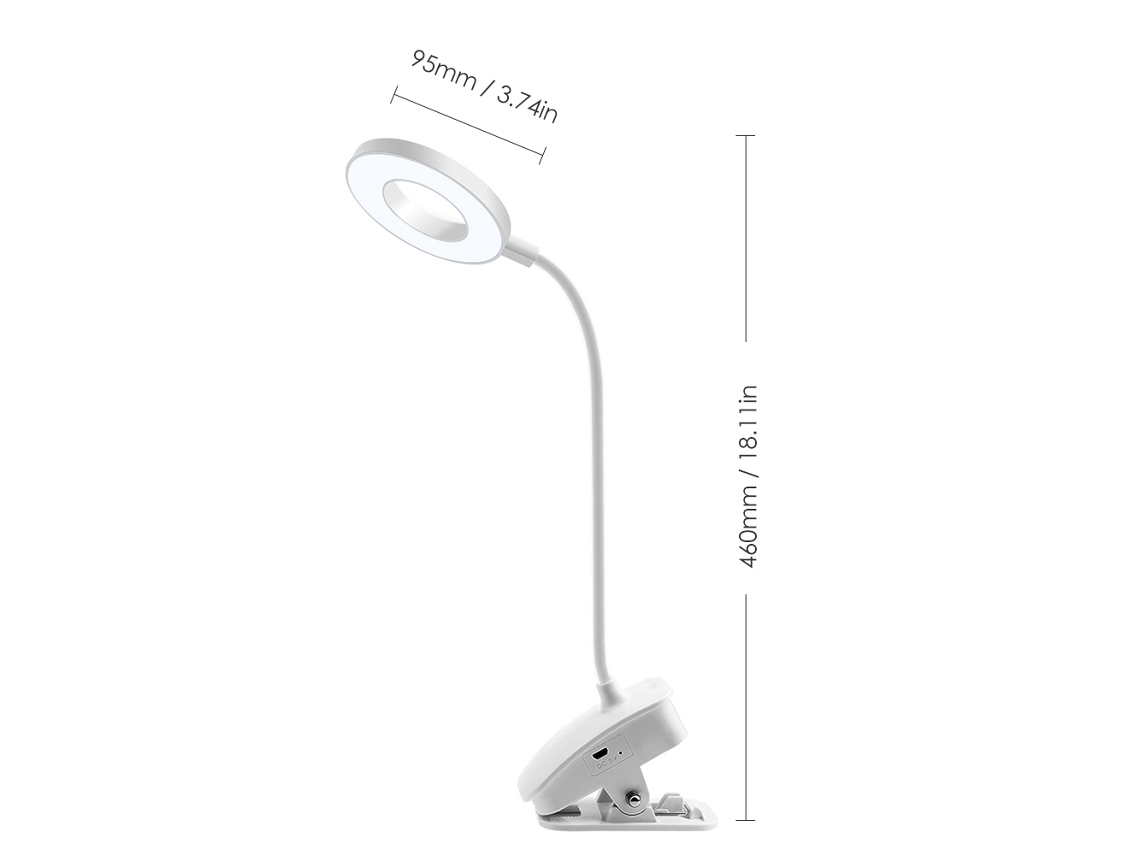 Lâmpada de Mesa Clip on USB com Controle Táctil, 3 Modos de Cor, Ângulo Flexível 360°