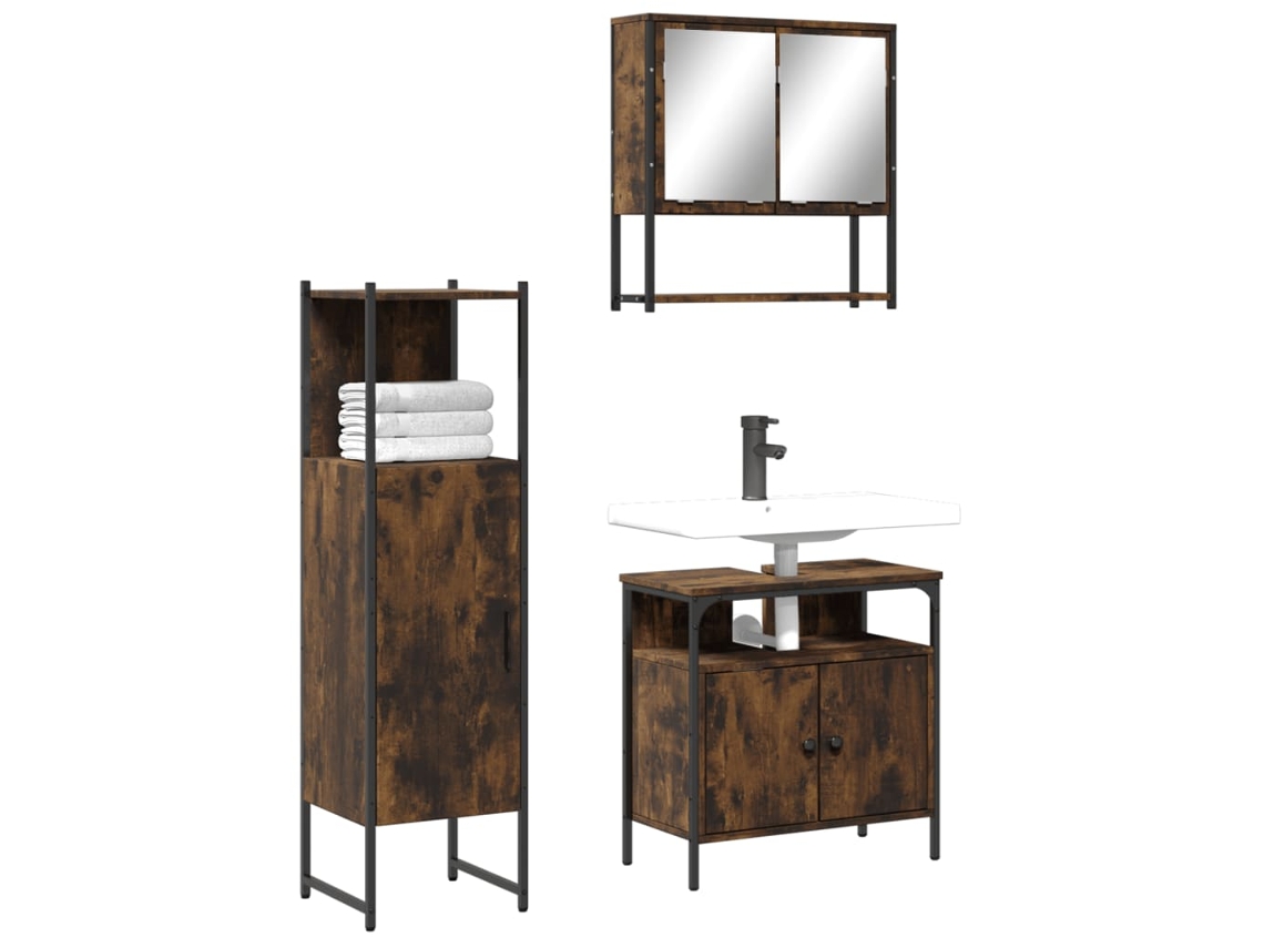 Vidaxl 3 Pcs Conjunto De Móveis Wc Madeira Processada Carvalho Fumado