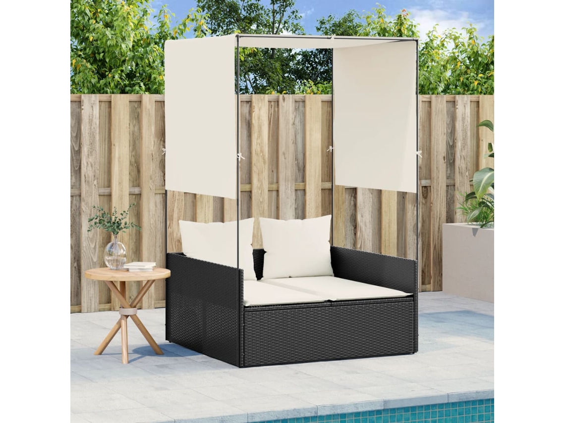 Vidaxl Espreguiçadeira Dupla Com Teto E Cortinas Vime Pe Preto