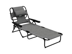 Cadeira De Jardim Dobrável Com Encosto Ajustável Em 4 Posições, Orifício Para Leitura E Apoio De Cabeça, 72 Cm (c) X 194 Cm (l) X 31 Cm (a), Cinza