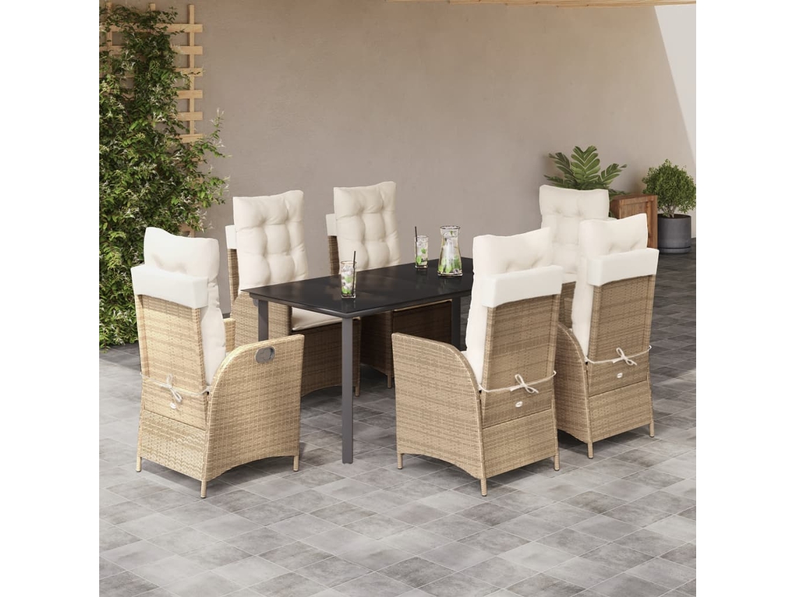 Conjunto 7 Peças Jantar P/ Jardim Com Almofadões Vime Pe Bege Dkd Home Decor