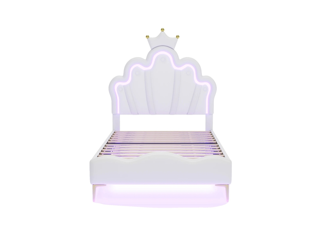 Cama Infantil, Forma De Coroa, Luzes Led Ajustáveis, Branco, 90x200cm
